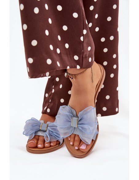 Women Flat Heel Slippers With Tulle Bow Denim Tanira