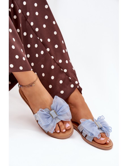 Women Flat Heel Slippers With Tulle Bow Denim Tanira