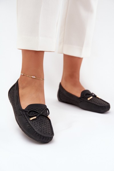 Women's Moccasins With Perforated Pattern And Lacing Black Mirisa