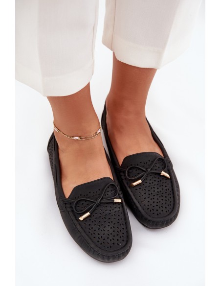 Women's Moccasins With Perforated Pattern And Lacing Black Mirisa