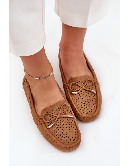 Ladies Moccasins With Perforated Pattern And Lacing Camel Mirisa