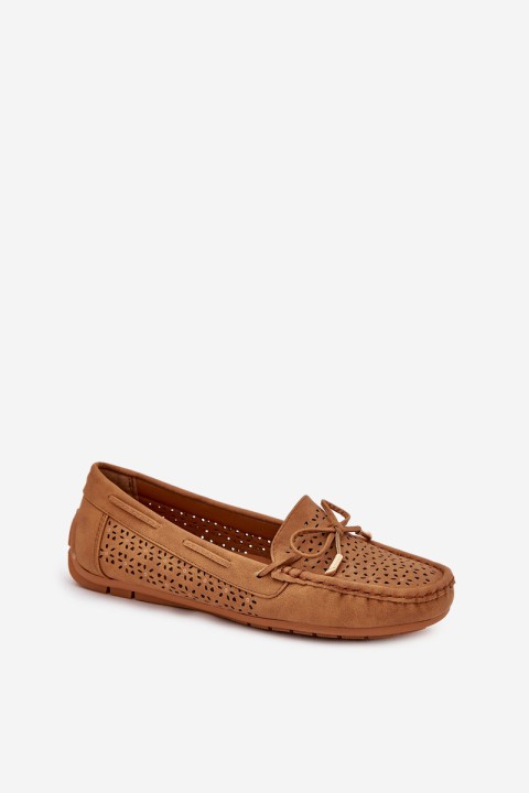 Ladies Moccasins With Perforated Pattern And Lacing Camel Mirisa
