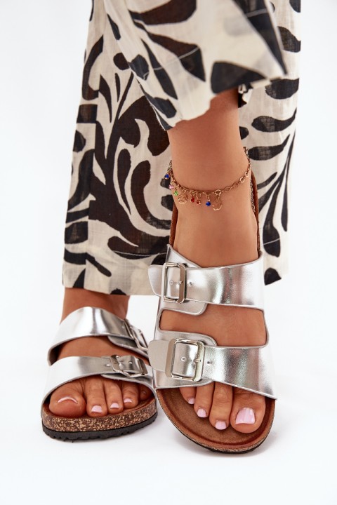 Women's Cork Platform Slippers With Buckles Silver Vesina