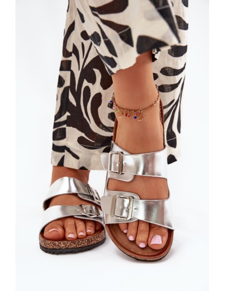 Women's Cork Platform Slippers With Buckles Silver Vesina