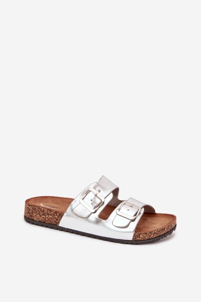 Women's Cork Platform Slippers With Buckles Silver Vesina 2