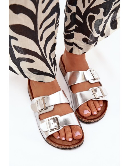 Women's Cork Platform Slippers With Buckles Silver Vesina