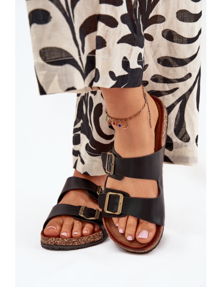 Women's Flip Flops On Cork Platform With Buckles Black Vesina
