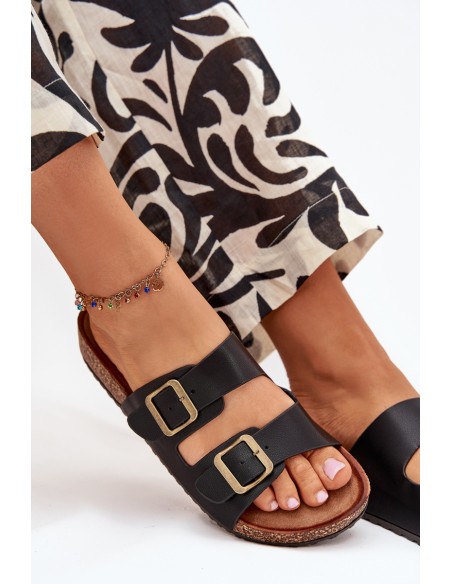 Women's Flip Flops On Cork Platform With Buckles Black Vesina