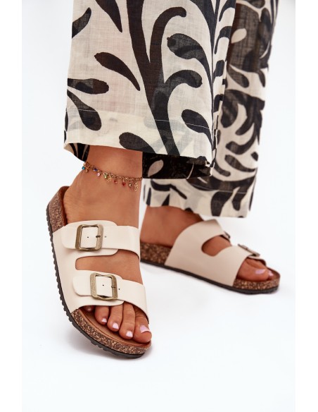 Women's Cork Platform Slippers With Buckles Beige Vesina