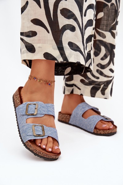 Women's Slippers On Cork Platform With Buckles Light Denim Vesina