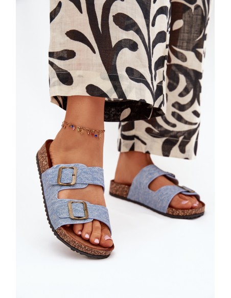 Women's Slippers On Cork Platform With Buckles Light Denim Vesina