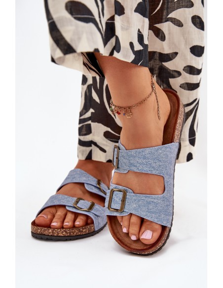 Women's Slippers On Cork Platform With Buckles Light Denim Vesina