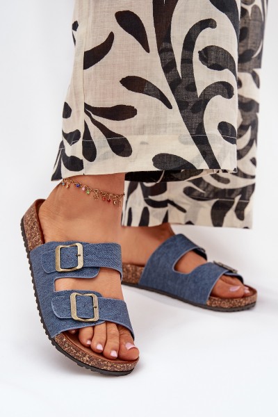 Ladies Slippers On Cork Platform With Buckles Dark Jeans Vesina