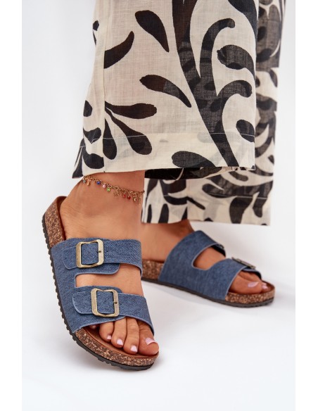 Ladies Slippers On Cork Platform With Buckles Dark Jeans Vesina