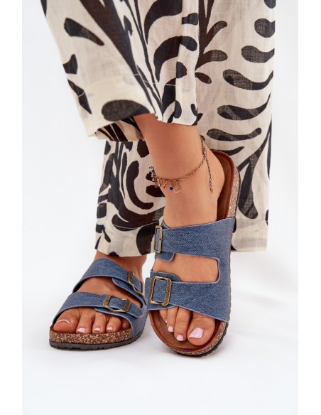 Ladies Slippers On Cork Platform With Buckles Dark Jeans Vesina