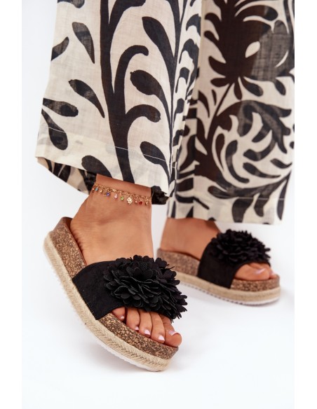Women's Platform Slippers With Decorative Flowers Black Tessara
