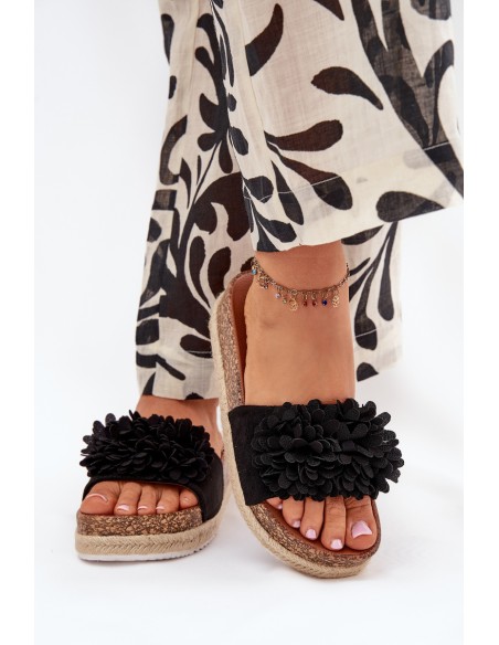 Women's Platform Slippers With Decorative Flowers Black Tessara