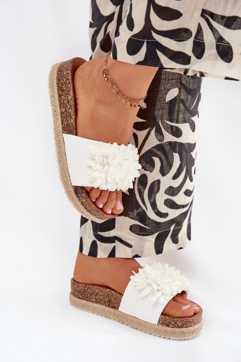 Womens Platform Slippers With Decorative Flowers White Tessara