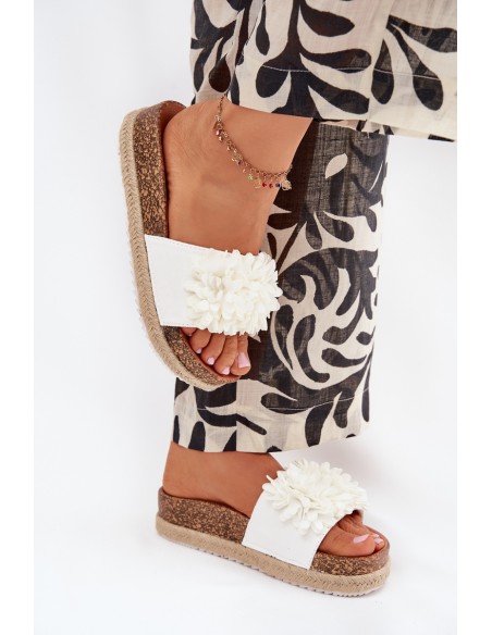 Womens Platform Slippers With Decorative Flowers White Tessara