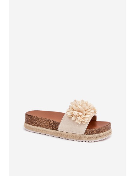 Ladies platform sandals with decorative flowers beige Tessara