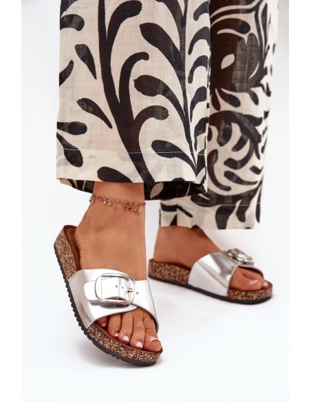 Women's Cork Platform Slippers With Buckle Silver Vianara