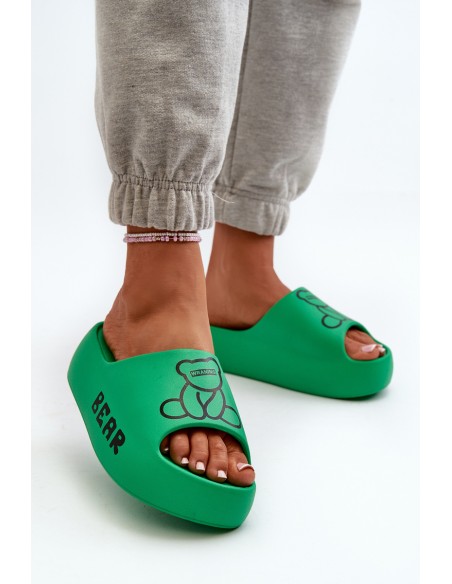 Women's Foam Slides on Chunky Sole with Teddy Bear Green Lamira