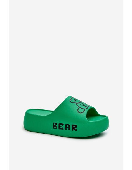 Women's Foam Slides on Chunky Sole with Teddy Bear Green Lamira