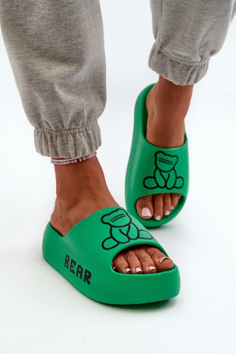 Women's Foam Slides on Chunky Sole with Teddy Bear Green Lamira