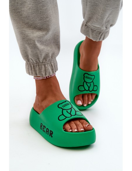 Women's Foam Slides on Chunky Sole with Teddy Bear Green Lamira