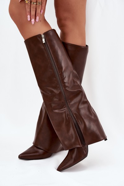 Insulated Stiletto Boots With Folded Shaft Chocolate Tamonia