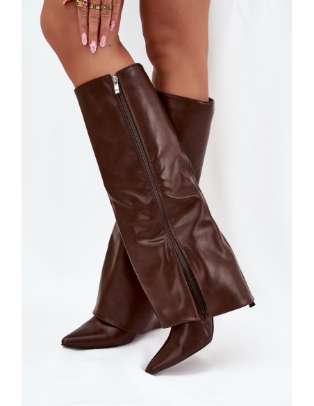 Insulated Stiletto Boots With Folded Shaft Chocolate Tamonia