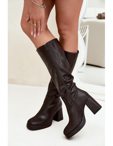 Women's Knee-High Boots With Zipper Heel Chocolate Selvia