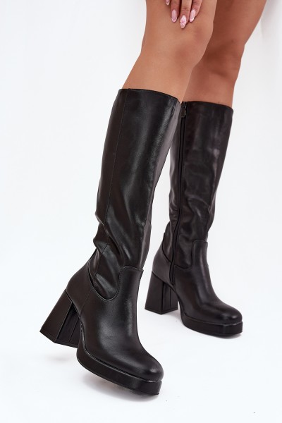 Ladies Knee High Boots With Zipper Block Heel Black Selvia