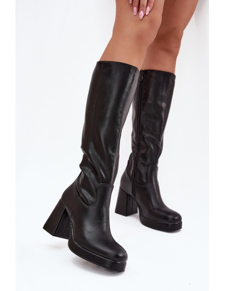 Ladies Knee High Boots With Zipper Block Heel Black Selvia