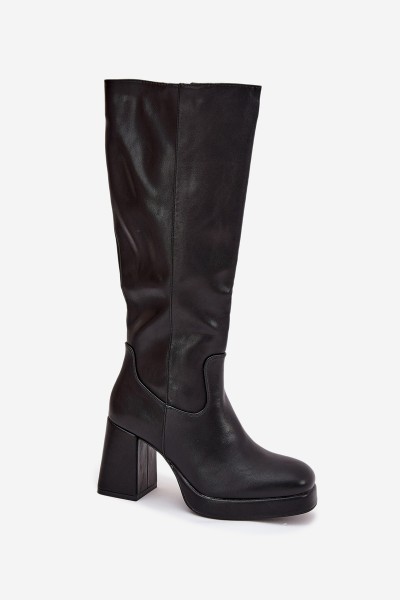 Ladies Knee High Boots With Zipper Block Heel Black Selvia 2