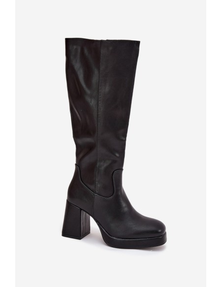 Ladies Knee High Boots With Zipper Block Heel Black Selvia