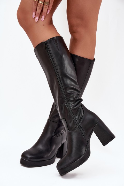 Ladies Knee High Boots With Zipper Block Heel Black Selvia