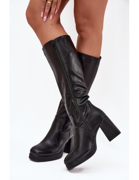 Ladies Knee High Boots With Zipper Block Heel Black Selvia