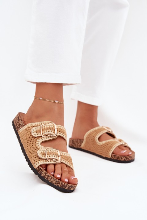 Crocheted Women's Slippers With Golden Buckles Camel Fenira