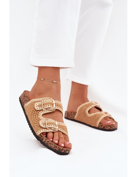 Crocheted Women's Slippers With Golden Buckles Camel Fenira