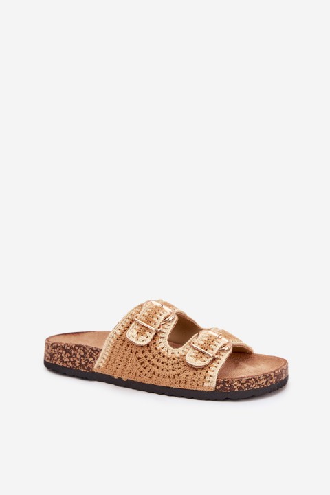 Crocheted Women's Slippers With Golden Buckles Camel Fenira