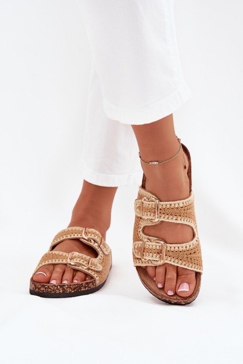 Crocheted Women's Slippers With Golden Buckles Camel Fenira