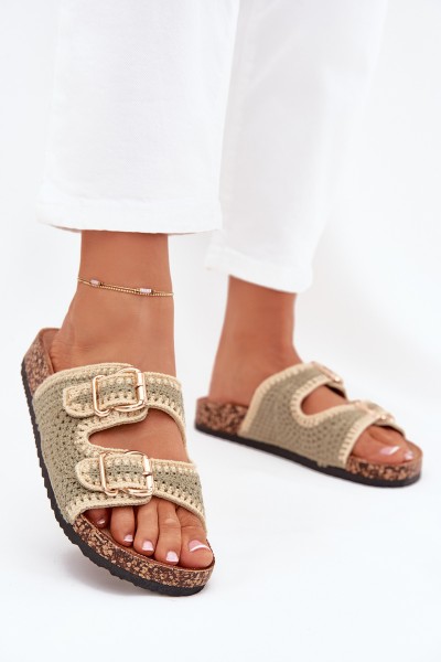 Crochet Women's Sandals With Golden Buckles Green Fenira