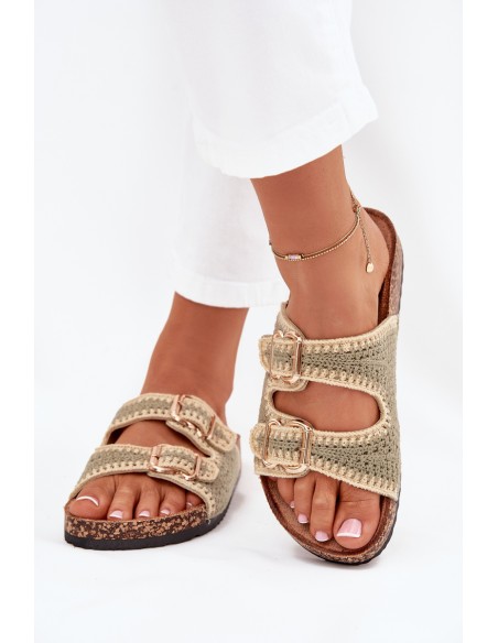 Crochet Women's Sandals With Golden Buckles Green Fenira