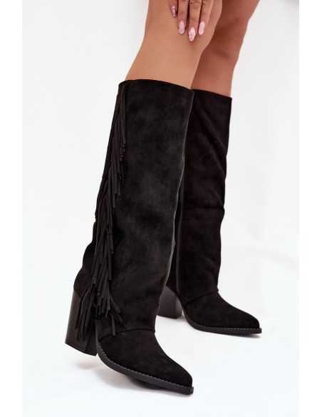 Women's Cowboy Boots With Fringes On A Heel Black Tivara