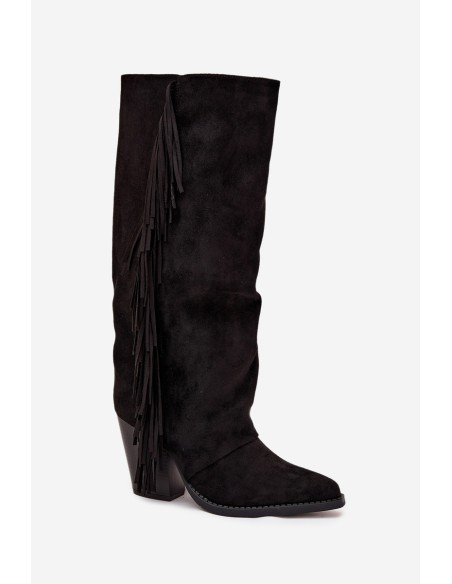 Women's Cowboy Boots With Fringes On A Heel Black Tivara