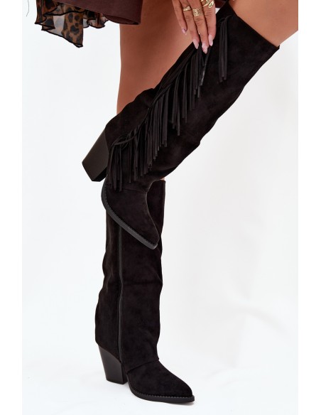 Women's Cowboy Boots With Fringes On A Heel Black Tivara