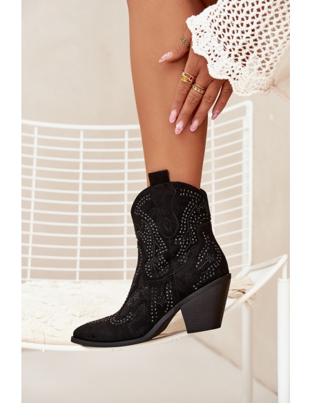 Insulated Women's Cowboy Ankle Boots With Decoration Black Lelira