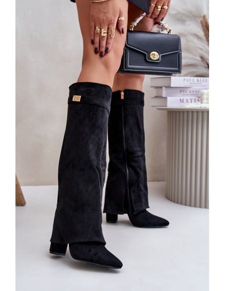 Eco Suede Boots Heel Block Zip Insulated Folded Shaft Beige Evyra