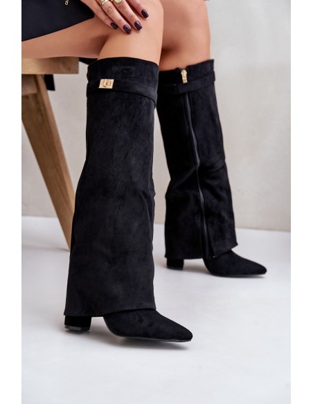 Eco Suede Boots Heel Block Zip Insulated Folded Shaft Beige Evyra